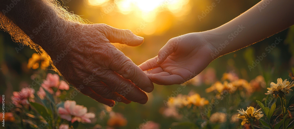 An elderly person's hand gently holding a child's hand in a sunlit garden. An elderly person's hand gently holding a child's hand in a sunlit garden.