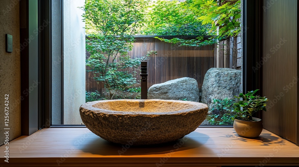 Stone sink in minimalist bathroom with serene garden view. Stone sink in minimalist bathroom with serene garden view.