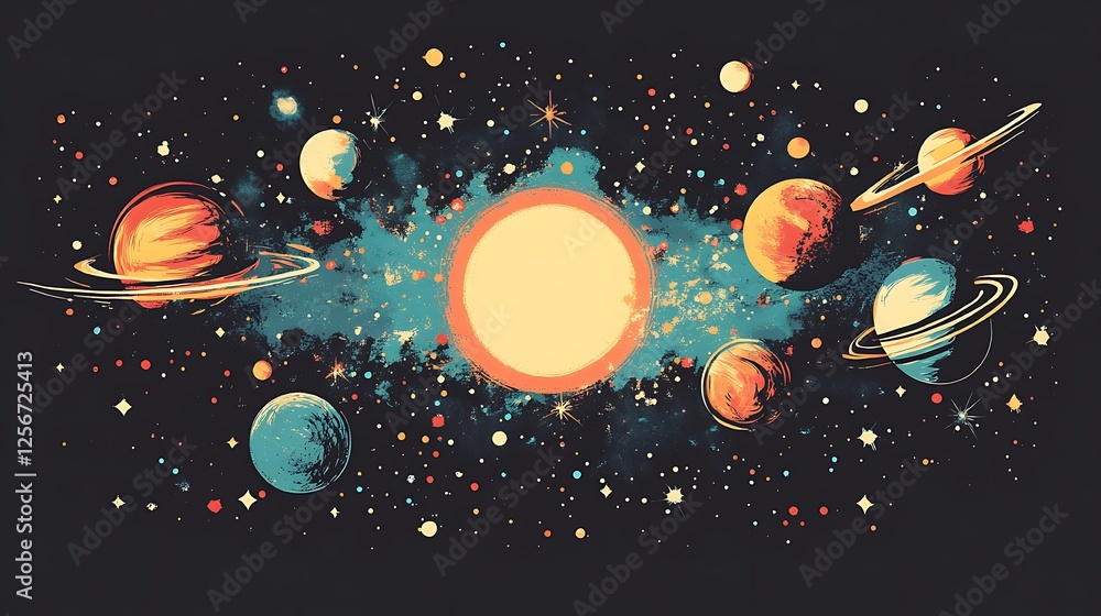 Fototapeta premium Solar system planets orbit a star, illustration, space, background, wallpaper, education, poster