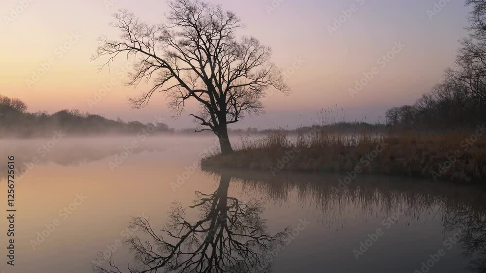 Solitary tree reflected in misty lake at dawn, serene landscape. Tranquility and nature concept Solitary tree reflected in misty lake at dawn, serene landscape. Tranquility and nature concept