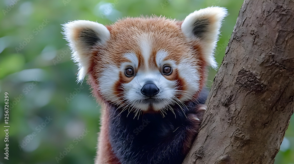 Obraz premium Red panda looking directly at the camera while climbing a tree trunk in a lush green forest during the day.