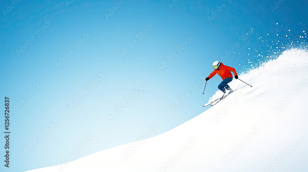 Skier in bright orange jacket gracefully carving through powdery snow on a sunny day Skier in bright orange jacket gracefully carving through powdery snow on a sunny day