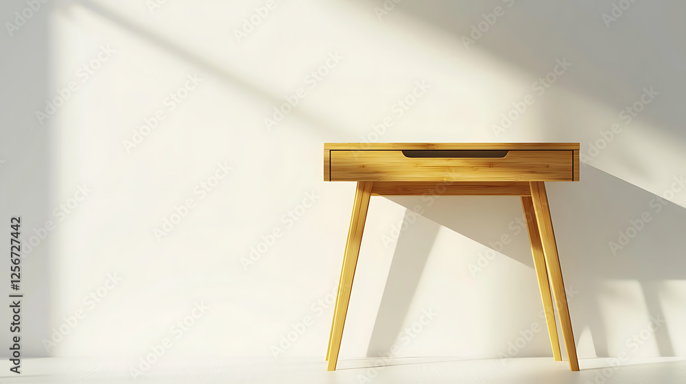 A wooden desk with a drawer sits in front of a white wall A wooden desk with a drawer sits in front of a white wall