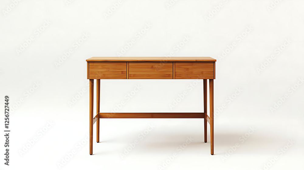A wooden desk with three drawers sits on a white background A wooden desk with three drawers sits on a white background