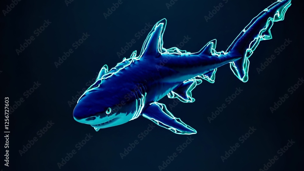 Obraz premium Blue shark is swimming in dark water with its fins glowing with turquoise bioluminescence, creating a mesmerizing and surreal underwater scene