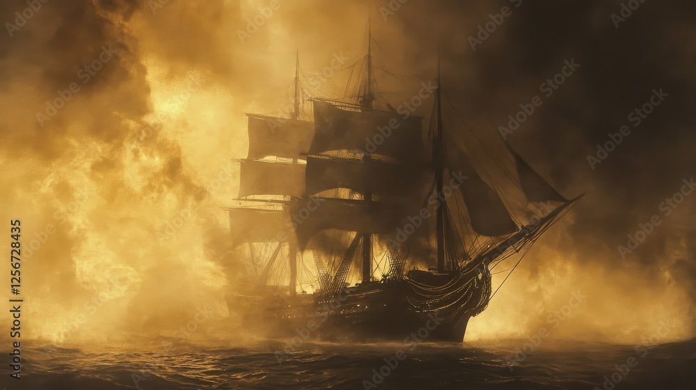 Obraz premium Ancient Sailing Vessel Emerging From Golden Mist