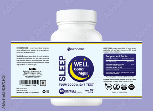 Modern good night sleep dietary supplement label packaging design capsules, clean typography, and soft colors, ideal for health and wellness themes, with a focus on product information.