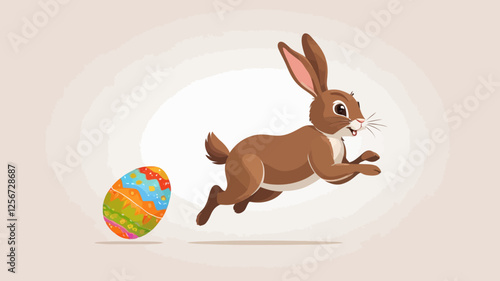 A running Easter bunny with a decorated egg, capturing movement and excitement in a charming vector style.