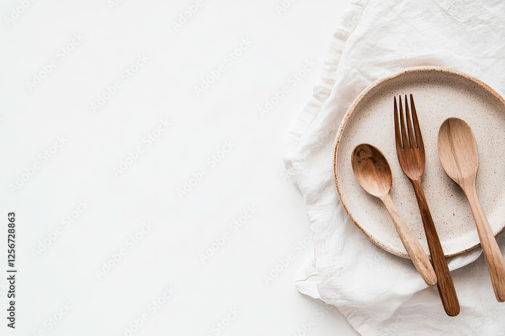 Simple Wooden Utensils on a Beige Plate with Linen Napkin Minimalist Table Setting Simple Wooden Utensils on a Beige Plate with Linen Napkin Minimalist Table Setting