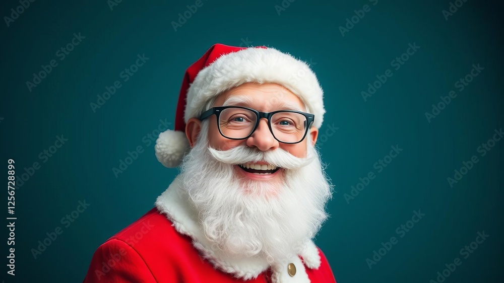 Naklejka premium Portrait of Santa Claus smiling with his glasses on, ready for Christmas, character, happy, merry