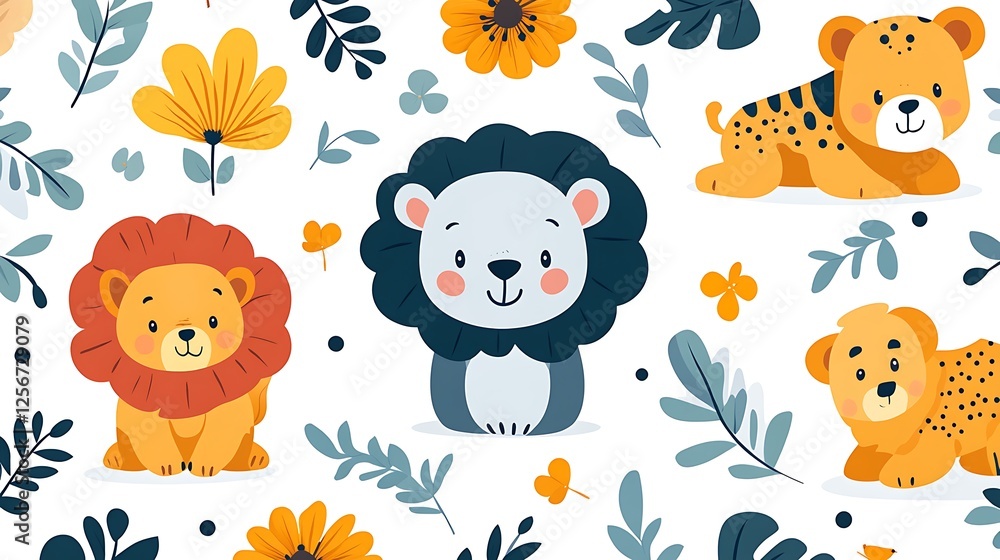 Naklejka premium Adorable cartoon lions and cheetahs among flowers and leaves.