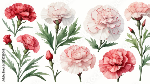 A beautiful collection of carnations in red and white, a delicate floral watercolor illustration for botanical designs.
