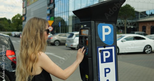 Woman in sunglasses and dress type registration plate number on parking meter. Elegant generation z female driver press keypad buttons on parking kiosk to buy parking ticket. photo