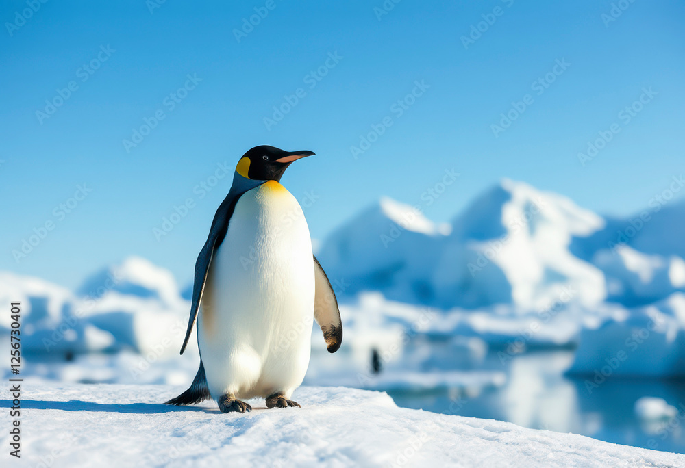 Naklejka premium A majestic Emperor penguin stands elegantly on an ice floe, surrounded by icy landscapes, capturing the essence of Antarctic wildlife.