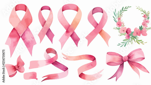 Elegant watercolor pink ribbons and floral wreath illustration. A beautiful design for breast cancer awareness campaigns and feminine decorations.