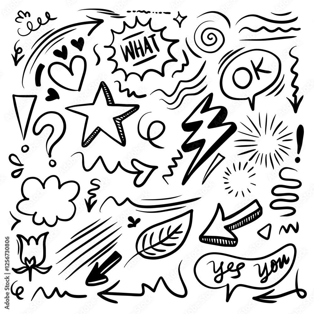 Fototapeta premium Hand drawn doodle design elements. flower, Arrow, heart, leaves, star, sparkle decoration symbol set icon.