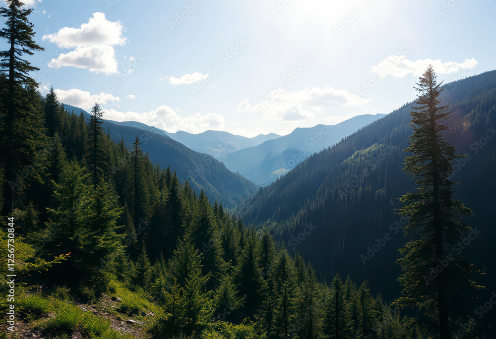Fototapeta premium Sunny summer day reveals stunning mountain landscape filled with lush coniferous trees and vibrant green slopes, perfect for exploration.