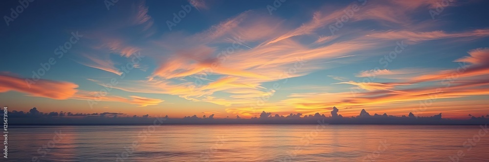 Vibrant sunset over calm ocean with colorful sky reflecting in water, tranquil, sky, serene Vibrant sunset over calm ocean with colorful sky reflecting in water, tranquil, sky, serene