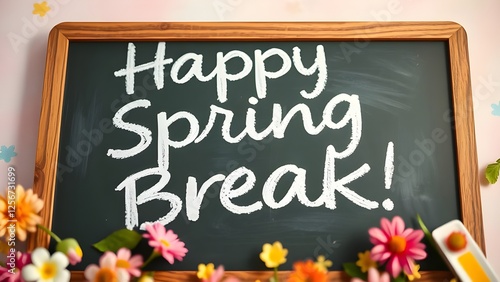 happy spring break written on a chalkboard