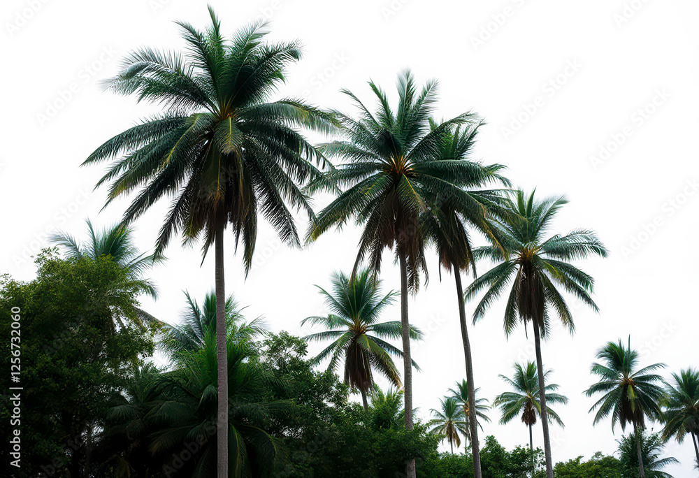 Isolated tropical trees stand tall against a white background, perfect for design and advertising applications in various contexts. Isolated tropical trees stand tall against a white background, perfect for design and advertising applications in various contexts.