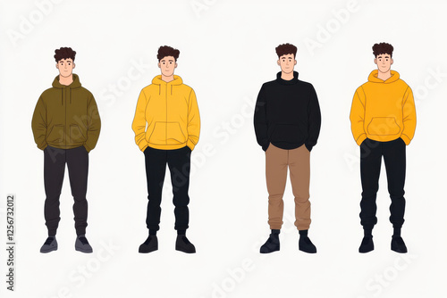 Four men are standing in a row, each wearing a different colored hoodie