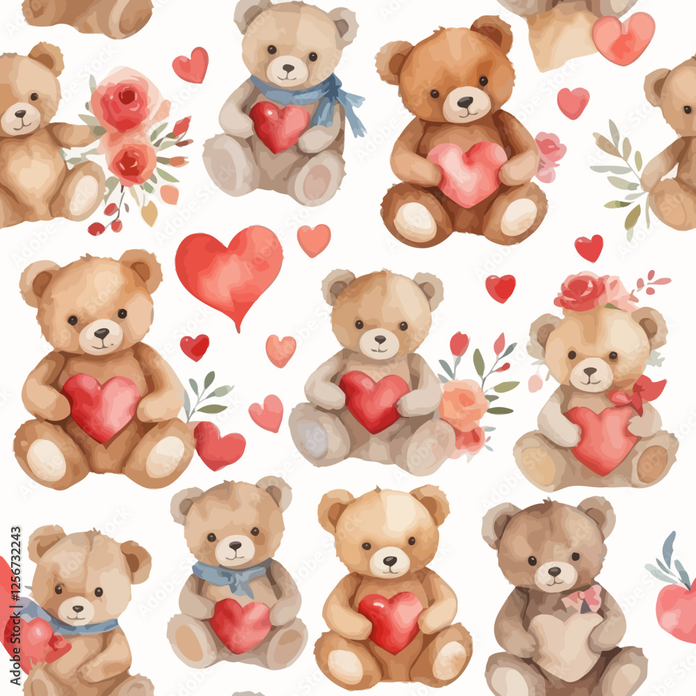 Seamless watercolor pattern with teddy bears holding hearts and flowers. A romantic and charming design for love-themed projects. Seamless watercolor pattern with teddy bears holding hearts and flowers. A romantic and charming design for love-themed projects.