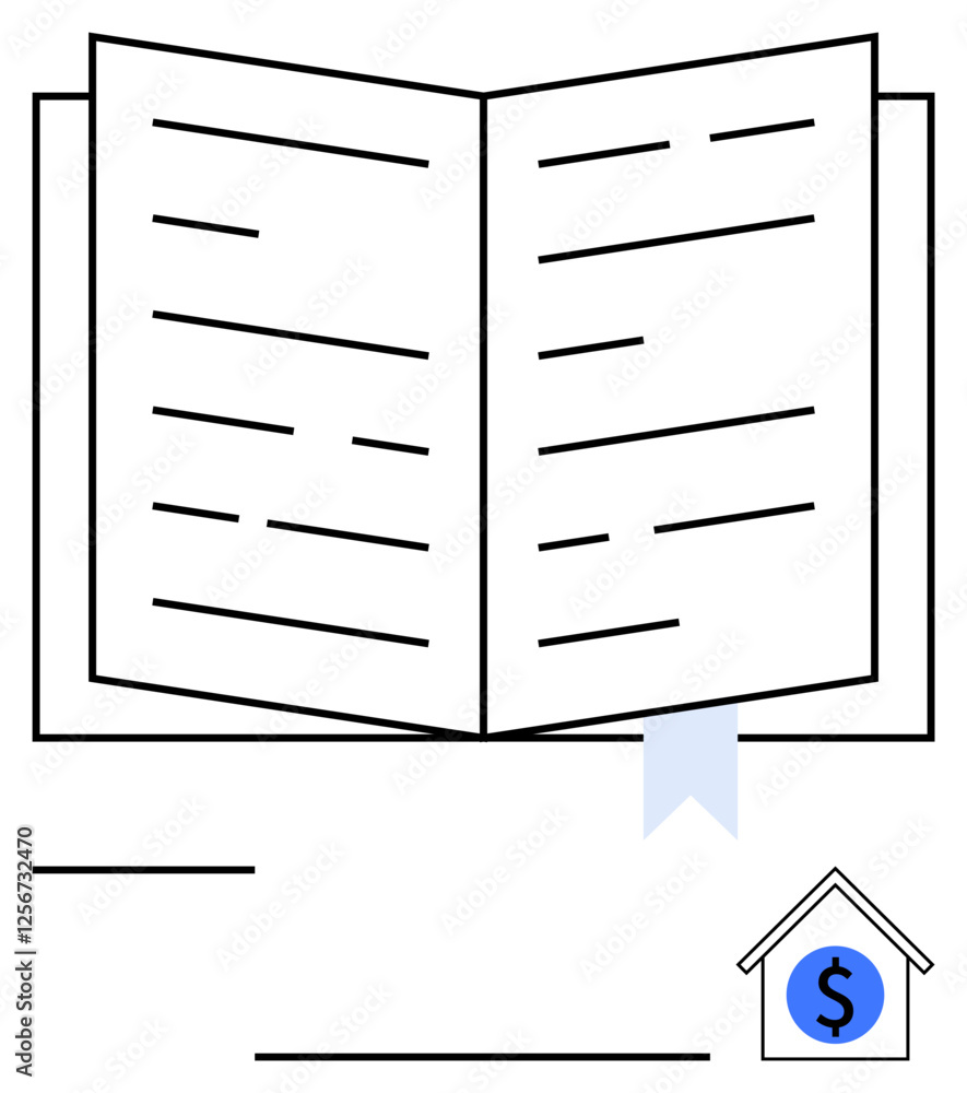 Open book with lines as text, blue bookmark, and house icon with dollar sign. Ideal for education, finance, mortgage, real estate, study savings investments. Abstract line flat metaphor Open book with lines as text, blue bookmark, and house icon with dollar sign. Ideal for education, finance, mortgage, real estate, study savings investments. Abstract line flat metaphor