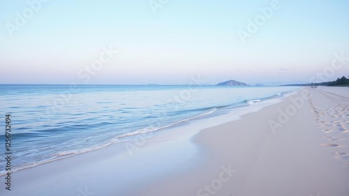 Fototapeta Naklejka Na Ścianę i Meble -  White sandy beach with crystal clear blue water isolated on a pure white background, shore, beach, serene