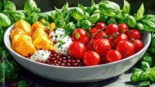 Vibrant bowl of fresh fruits and vegetables, showcasing colorful ingredients in a rustic kitchen
