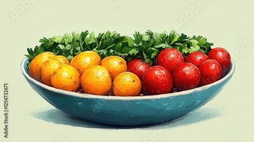 A vibrant bowl filled with colorful tomatoes and fresh parsley on a light background