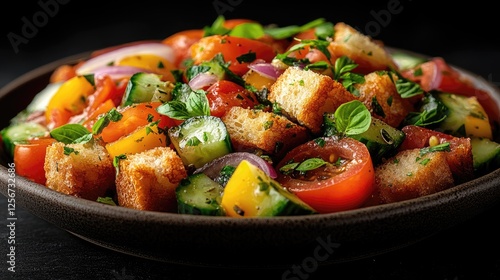 Fresh vegetable salad with croutons garnished with herbs on a dark background