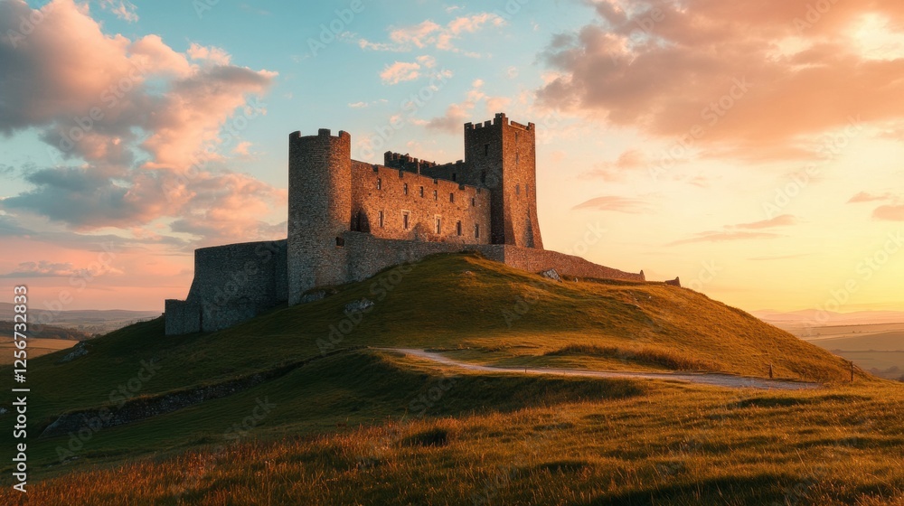 Majestic medieval castle perched on green hill under a vibrant sunset sky. Generative AI Majestic medieval castle perched on green hill under a vibrant sunset sky. Generative AI
