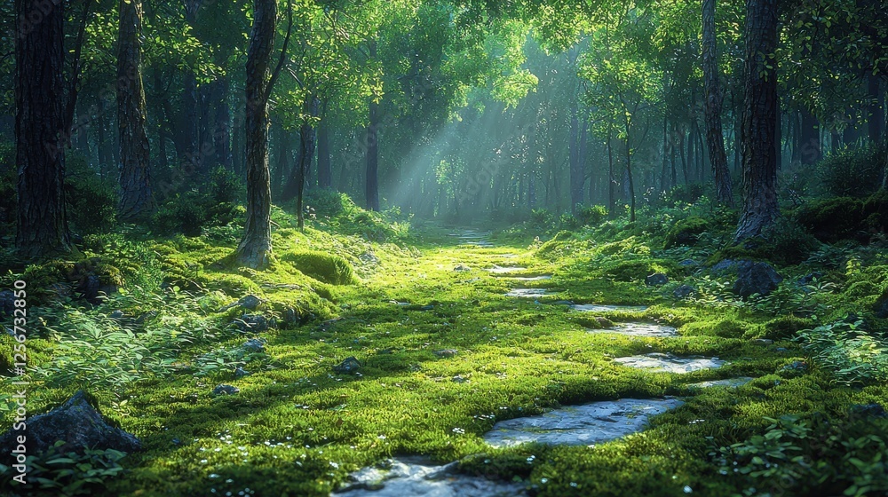 Obraz premium Enchanted Forest Pathway - Sunlight and Moss