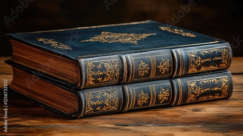 Antique leather-bound books stacked on a wooden table, showcasing intricate gold detailing