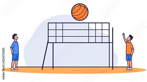 Two young men playing basketball over a net in a minimalistic indoor setting