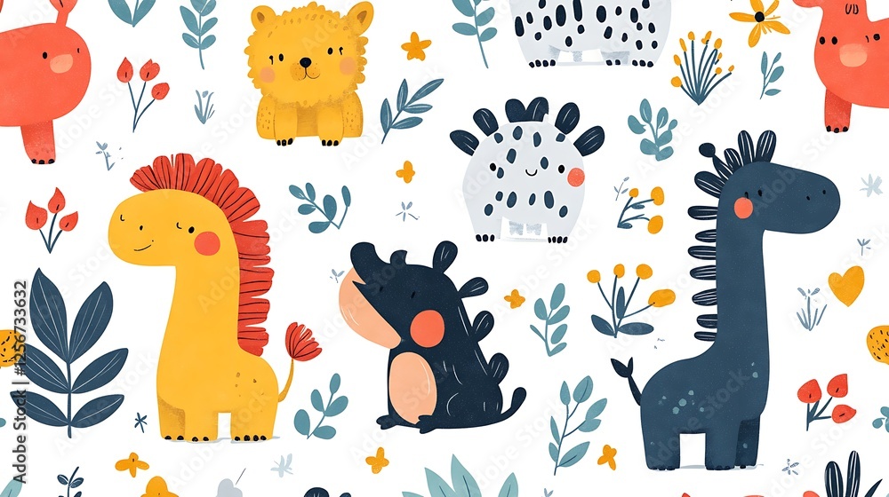 Obraz premium Cute animal seamless pattern with lion, giraffe, rhino, and flowers.