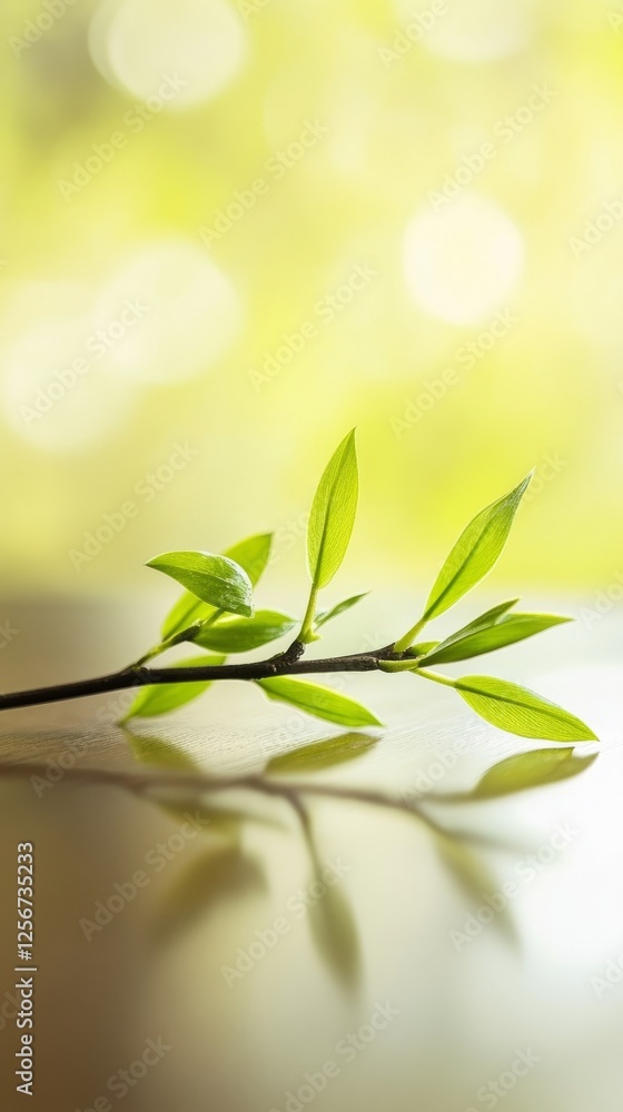 Obraz premium Fresh willow branch on wood, symbolizing renewal and tranquility during Qingming Festival. 