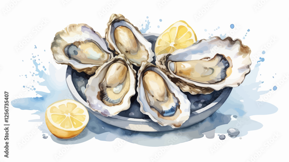 Watercolor illustration of fresh oysters on ice with lemon slices. A detailed and artistic seafood composition. Watercolor illustration of fresh oysters on ice with lemon slices. A detailed and artistic seafood composition.