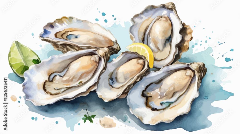 Watercolor illustration of fresh oysters on ice with lemon slices. A detailed and artistic seafood composition. Watercolor illustration of fresh oysters on ice with lemon slices. A detailed and artistic seafood composition.