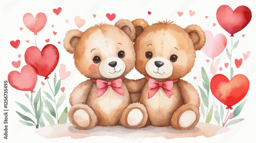 Watercolor painting of two teddy bears sitting with heart decorations. A romantic and charming Valentine's Day design. Watercolor painting of two teddy bears sitting with heart decorations. A romantic and charming Valentine's Day design.