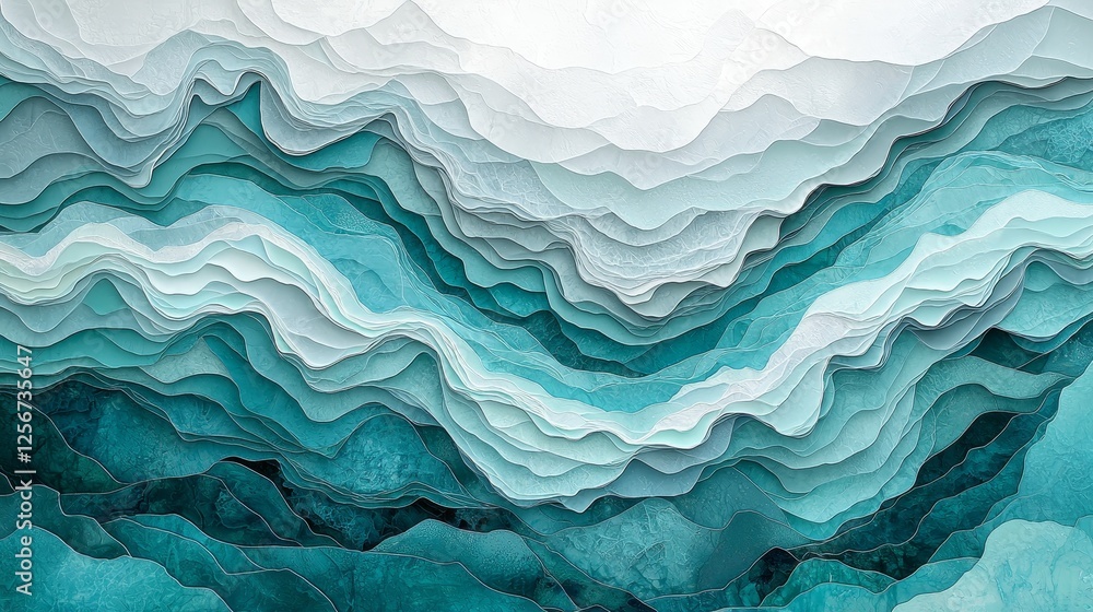 A tranquil abstract artwork featuring layered waves in shades of teal, aqua, and white, evoking a sense of calm and fluidity. A tranquil abstract artwork featuring layered waves in shades of teal, aqua, and white, evoking a sense of calm and fluidity.