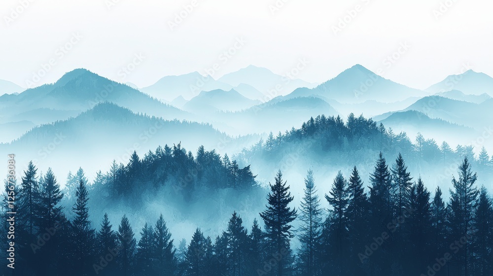 Obraz premium A serene misty landscape featuring layered mountains and dense evergreen forests, creating a tranquil, atmospheric scene.