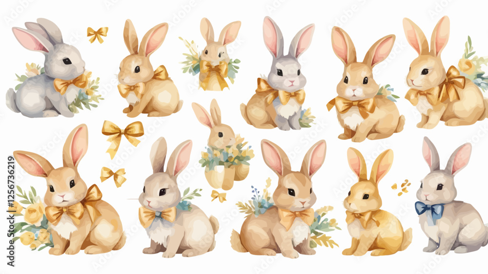 Watercolor illustration of rabbits with golden bows surrounded by floral details. A charming and artistic Easter-themed composition. Watercolor illustration of rabbits with golden bows surrounded by floral details. A charming and artistic Easter-themed composition.