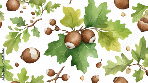 Watercolor illustration of oak branches with acorns. A hand-painted artistic botanical composition.