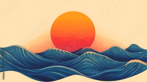 Sunset over a stylized ocean wave