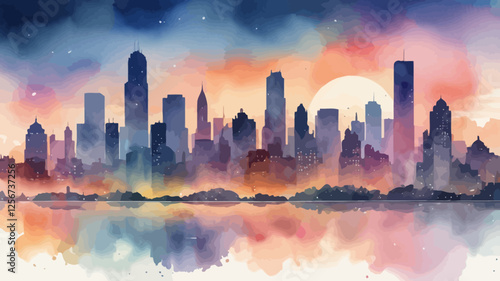 Watercolor illustration of a nighttime city skyline with skyscrapers reflecting on water. A modern urban landscape.