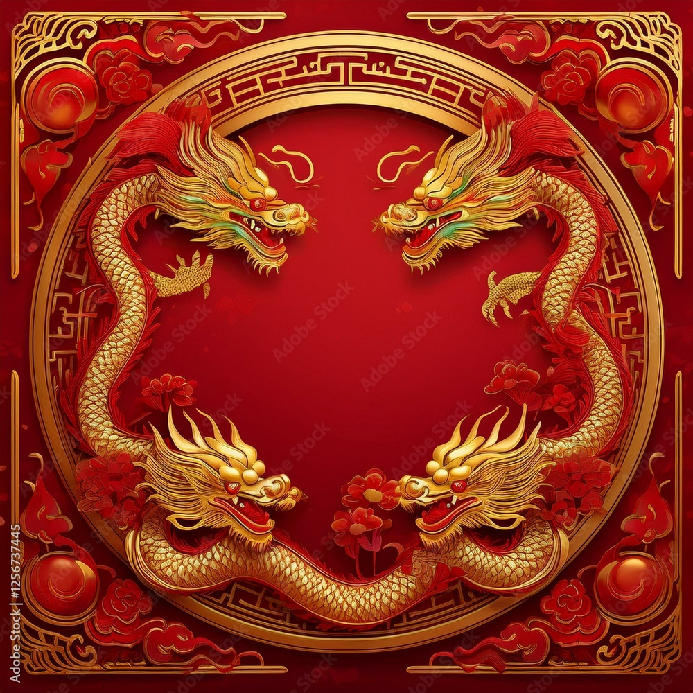 Obraz premium elegant dragon border frame with floral design with copy space for text graphic resource