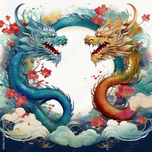 Wallpaper Mural elegant dragon border frame with floral design with copy space for text graphic resource Torontodigital.ca