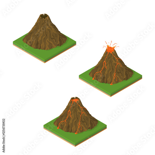 Natural Disaster Volcano Icon set in various states - Isometric color illustrations