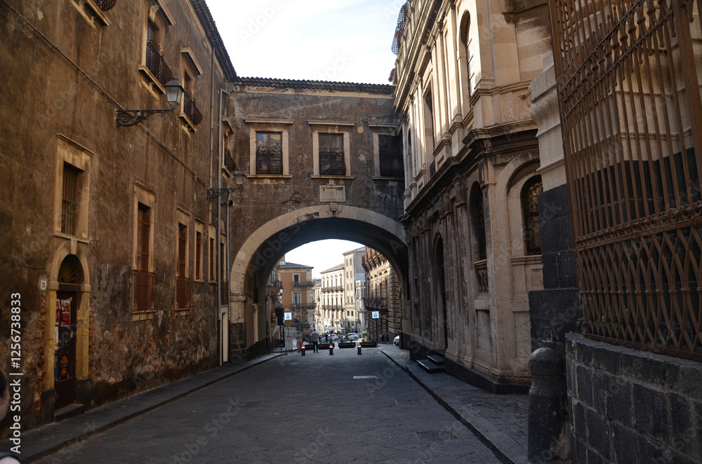 Fototapeta premium Historic buildings gate on Via dei Crociferi street in Catania